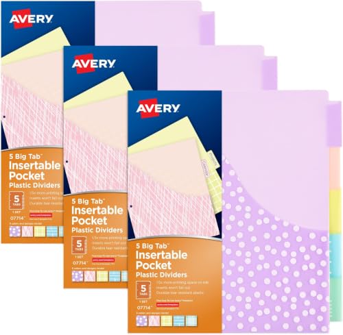Avery Dividers for 3 Ring Binders, 5 Tab Plastic Binder Dividers, Pockets, Insertable Big Tabs, Pastel Classic Designs, Extend Beyond Sheet Protectors, 3 Sets (11255) (Pack of 8) - size: 5 tab, style: 3 Sets (Pack of 8)
