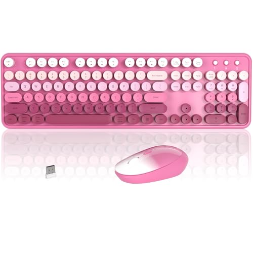 Colorful Wireless Keyboard and Mouse Combo, COVEVA 2.4GHz Wireless Retro Cute Round Keycaps Keyboard, 104 Keys Full-Sized Keyboard Mouse Set with Switch Button for PC Laptop Desktop (Pink Gradient) - color: Pink Gradient