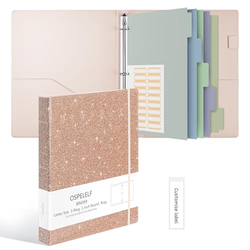 Ospelelf Vintage Hardcover 3 Ring 1 inch Leather Binder, Professional Binders Organizer Suitable for Letter Size Documents, Binder Dividers with Tabs, Faux Glitter Rose Gold Leather - color: Glitter Rose Gold, size: Letter Size - 1 Inch Ring