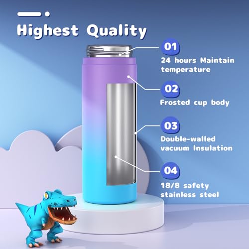 Gonfoam 20oz Kids Stainless Steel Insulated Water Bottle, 2 Pack | DIY Stickers, BPA-free, Leak-proof, Sturdy, Keeps Cold 24h, Easy to Carry, Easy to Clean, Back to School, Gifts - color: Purple+Green, size: 20 Ounces