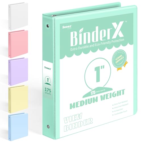 BinderX Extra Durable 3 Ring Binder, Round Ring 1 Inch Binders, Fits 175 Sheets of 8.5x11 Paper, Customizable View Cover with Inside Pockets, Cute 1" Binder, School Supplies for Girls, Green - color: Light Green, size: 1 inch
