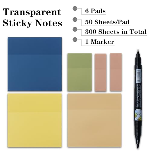 YOUDEFUL Translucent Sticky Notes, Cute Clear Sticky Notes, 3"x3" Waterproof Transparent Sticky Note Pads for Books Annotation, Clear Post it Notes for Bible Journaling Study - size: Square Blue