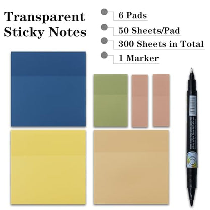 YOUDEFUL Translucent Sticky Notes, Cute Clear Sticky Notes, 3"x3" Waterproof Transparent Sticky Note Pads for Books Annotation, Clear Post it Notes for Bible Journaling Study - size: Square Blue