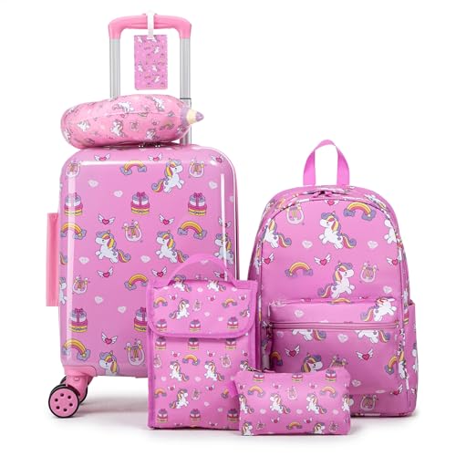 16’’ Kid’s Luggage Set with Spinner Wheels, Hardside with Suitcases,6 Piece | Carry on Luggage, Travel Rolling Luggage Airline Approved, Girls Boys - color: Unicorn
