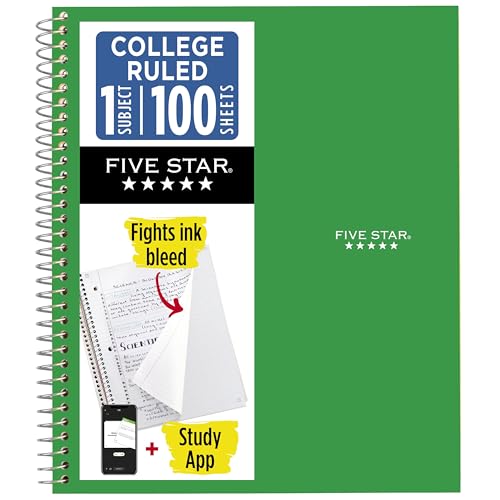Five Star Spiral Notebook Plus Study App, 1 Subject, College Ruled Paper, 100 Sheets, 8-1/2" x 11", Forest Green (72055)