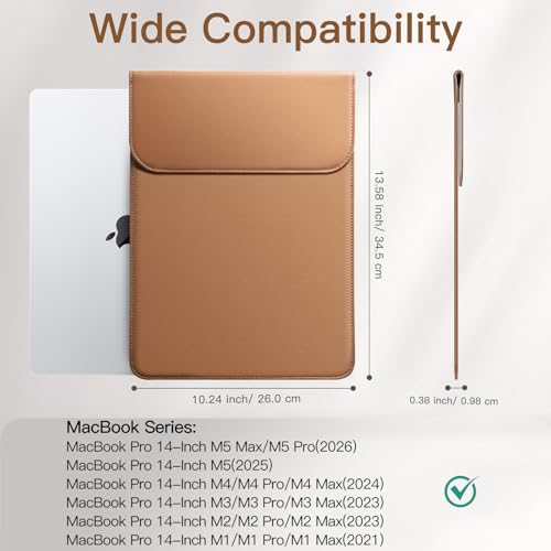 JETech Slim Laptop Sleeve for MacBook Neo (A18 Pro), MacBook Pro 14-Inch(M1-M5, 2020-2026), PU Leather Case with Magnetic Closure (Brown) - color: Brown, size: 14-Inch