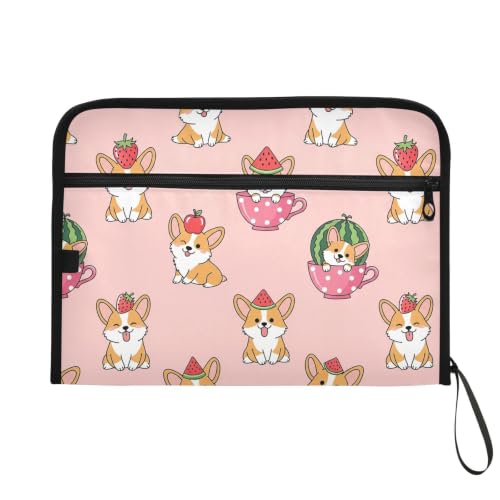Gredecor 13 Pockets File Folder Organizer A4/Letter Water Resistant Document Bag with Zipper Filing Folder Expanding File Pouch Storage for School Office, Cute Cartoon Corgi Dog - color: Cute Cartoon Corgi Dog
