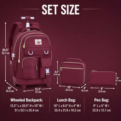 WZLVO Rolling Backpack for Girls Women, 21 inch Roller Wheels Backpacks for School, Water Resistant Wheeled Bookbag with Lunch Box - Red - color: Red