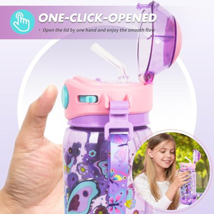 Kids Water Bottle with Straw/Lanyard for School Kids Girls Boys, 22oz BPA Free Child Drinking Water Bottle One-Click-Open Leak-Proof Locking Flip Lid for School Sport Travel - color: H02. Butterfly