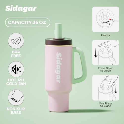 36oz Insulated Tumbler with Handle, Stainless Steel Water Bottle, Leak-Resistant Travel Coffee Mug with Push Button Lid, Cup Holder Friendly for Tea & Daily Use, Pink - color: Sakura Bloom