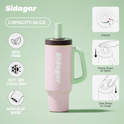 36oz Insulated Tumbler with Handle, Stainless Steel Water Bottle, Leak-Resistant Travel Coffee Mug with Push Button Lid, Cup Holder Friendly for Tea & Daily Use, Pink - color: Sakura Bloom