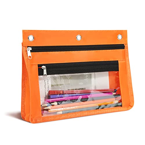 YoeeJob 1 Pack Pencil Pouch for 3 Ring Binder, Expandable Binder Pouches with Zipper, Large Capacity Pen Holder Case with Clear Window School Class Office Organizers, Orange - color: Orange