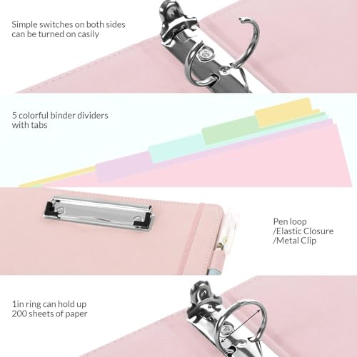 SKYDUE Pink 3 Ring Binder with Clipboard,1 Inch Linen Binder for 3 Hole Punch Letter Size Loose Leaf Paper with 5 Dividers, Pocket and Labels School and Office Supplies - color: Pink