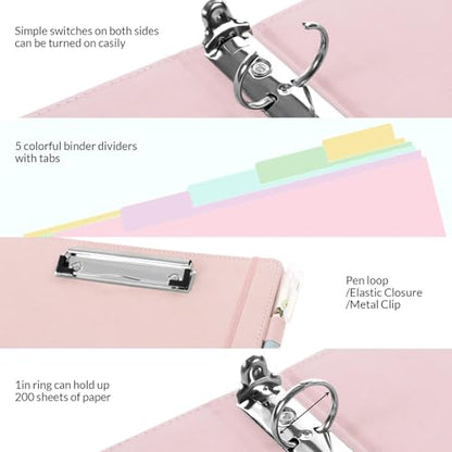SKYDUE Pink 3 Ring Binder with Clipboard,1 Inch Linen Binder for 3 Hole Punch Letter Size Loose Leaf Paper with 5 Dividers, Pocket and Labels School and Office Supplies - color: Pink