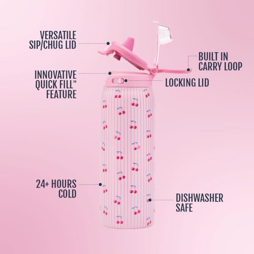 Ello Kids Pop & Fill 18oz Toddler Water Bottle with Quick Fill Lid, Double-Wall Vacuum Insulated Stainless Steel, Leak Proof, BPA Free, Sip & Chug, For School, Lunchboxes, Preppy Cherries - color: Preppy Cherries, size: 18 Ounces