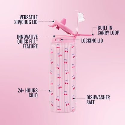 Ello Kids Pop & Fill 18oz Toddler Water Bottle with Quick Fill Lid, Double-Wall Vacuum Insulated Stainless Steel, Leak Proof, BPA Free, Sip & Chug, For School, Lunchboxes, Preppy Cherries - color: Preppy Cherries, size: 18 Ounces
