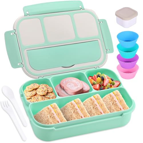 shell and turtle Bento Box Adult Lunch Box, Lunch Containers for Kids Girls Boys with 4 Compartments, Lunchable Food Container with Utensils, Sauce Jar, Muffin Liners, 40 Oz/5 Cup, Seafoam Green - color: Seafoam Green