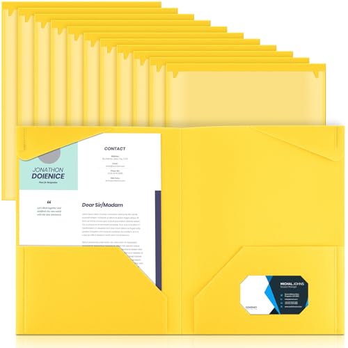 Henoyso 18 Pack Yellow Plastic Folders with Clear Front Pockets Heavy Duty File Folders with 2 Pockets and Card Slot for Student Communication School Office Presentation Report - color: Yellow