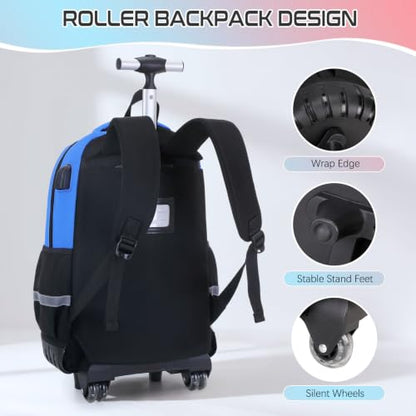 Jafeton Rolling Backpack for Boys, 3 PCS Gamer Boy Backpack Set with Lunch Box & Pencil Pouch, Roller Wheels School bag for Boys Kids Teens, Elementary Middle School, Kids Bookbag Casual Daypack - color: Blue