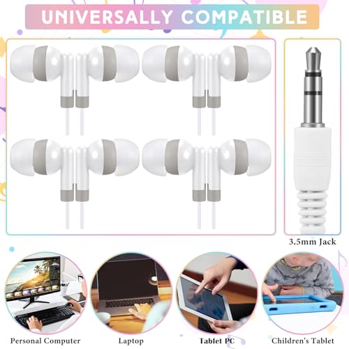 50 Pack Earbud Bulk Headphone for Classroom Earphone Earbud with Wire Individually Bagged Wired in Ear Buds(White) - color: White