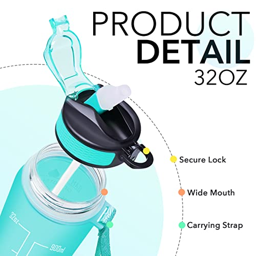 Hyeta Water Bottle with Straw & Time Marker, Plastic 32oz Leakproof | Motivational Tritan BPA Free Gym Office Outdoor Intake Tracker Hourly Reminder Straw Lid Carry Strap - color: Green-Purple