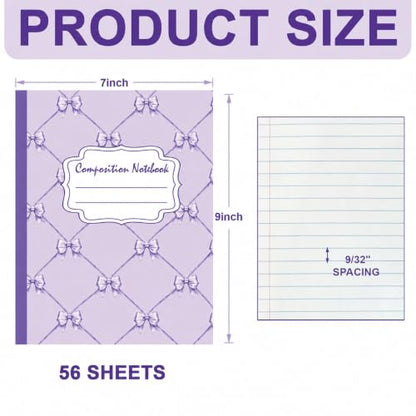 6 Packs 112 Pages Composition Notebook for Back to School 7-1/2" x 9-3/4" | Cute Purple Bow Composition Notebook College Ruled Bulk for First Day of School Office - color: Purple