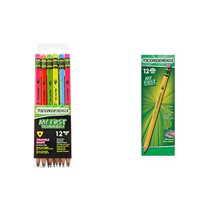Ticonderoga My First Tri-Write Wood-Cased Pencils, Neon Colors, 12 Count (X13012) My First Pencils, Wood-Cased Soft, Pre-Sharpened, 12 Count (X33312)