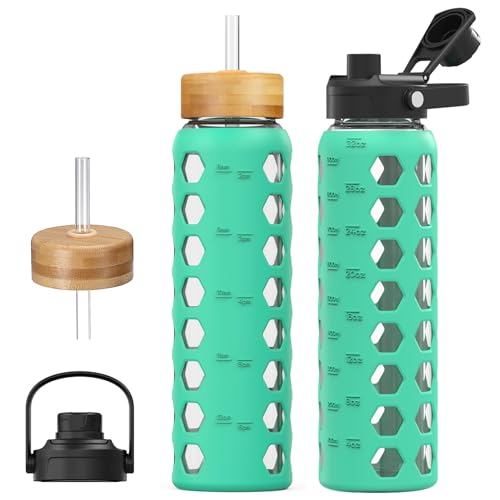 MUKOKO Glass Water Bottle, 32oz, Green | Glass Tumbler with Straw, Drinking Bottles with 2 Lids-Handle Spout Lid & Bamboo Straw Lid, Silicone Sleeve, 1 Pack - color: Green, size: 32 Ounces