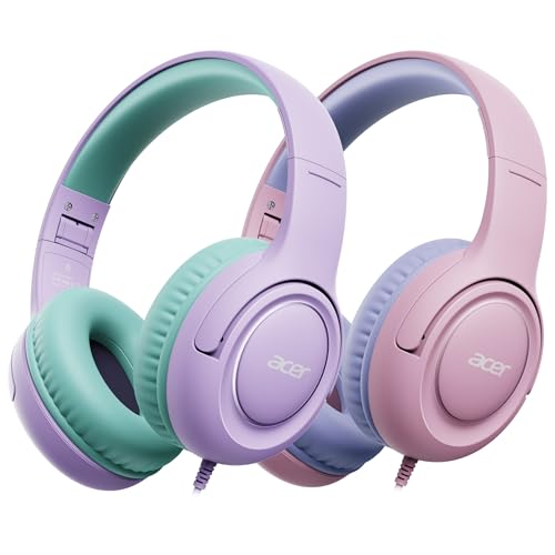 Acer 2Pack Kids Headphones - 85/94dB Volume Limiter, Foldable Wired Over Ear Headphones for Travel, 3.5mm Jack, Toddler Headphones for School, Travel, Tablet, iPad, HK03-2P - color: Purple Green & Pink Purple