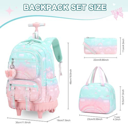 Scothen Rolling Backpack for Girls, 3PCS Roller School Backpacks for Girls with Lunch Bag and Pencil Pouch, Kids Bookbag Schoolbag with Wheels for Teen Girl Kindergarten Elementary Middle School - color: Green Pink