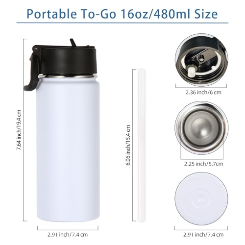 Volhoply Kids Insulated Water Bottle with Straw,16oz Stainless Steel Cold Water Bottles for School,BPA-Free Metal Wide Mouth Cups with Handle Lid,Reusable Double Wall Vacuum Sport Flask(White,1) - color: White