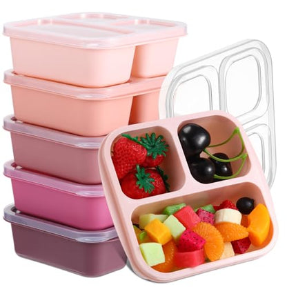 Honeydak 5 Pack Snack Containers 3 Compartment Bento Snack Boxes Divided Meal Prep Containers with Lids Reusable Adults Lunch Food Storage Box for School Work Travel(Pink Brown) - color: Pink Brown