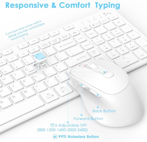 FENIFOX Wireless Keyboard and Mouse, Rechargeable USB C Combo Silent Quiet Compact Full Size Flat with Number Pad Soft Cover for Mac MacBook iMac Windows PC Laptop Computer Office - White - color: White