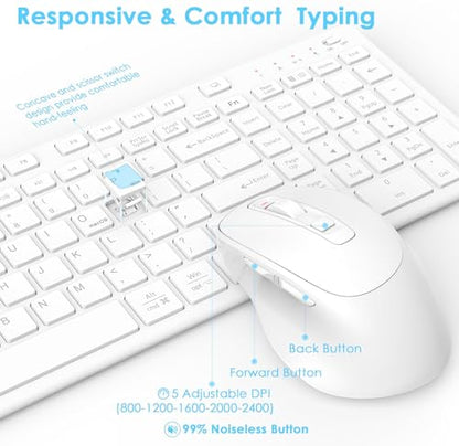 FENIFOX Wireless Keyboard and Mouse, Rechargeable USB C Combo Silent Quiet Compact Full Size Flat with Number Pad Soft Cover for Mac MacBook iMac Windows PC Laptop Computer Office - White - color: White