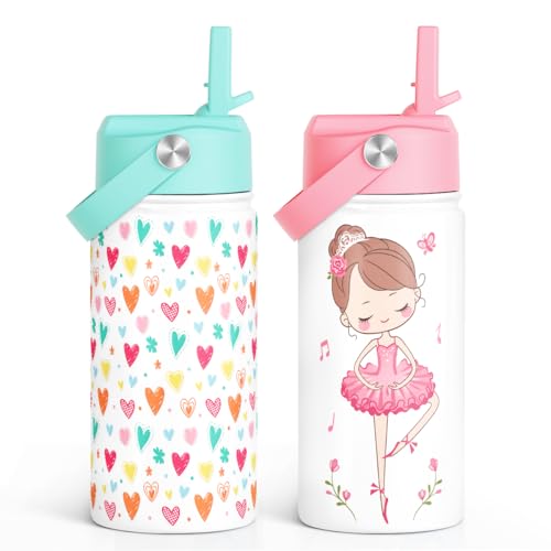 SANDJEST Kid Water Bottle 12oz with Straw Lid - 2-Pack Insulated Stainless Steel Water Bottles for Kids Girls - Travel Cup for Back to School Sports Christmas Birthday (Ballerina & Heart) - color: Heart + Ballet