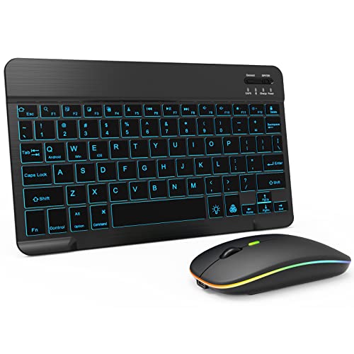 7 Color Backlit Bluetooth Keyboard and Mouse Combo for iPad A16 11th 10th Gen iPad Pro Mini Air iPhone, iPadOS 13 or Later, Slim Rechargeable Android Tablet Phone Wireless Mouse Keyboard (Black)