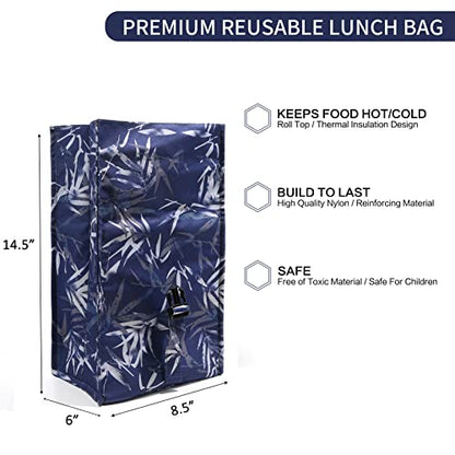 SUNNY BIRD Insulated Lunch Bag Rolltop Lunch Box (Blue Bamboo) - color: Blue Bamboo