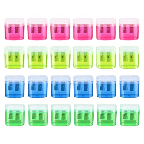 24 Pieces Pencil Sharpeners Manual Dual Holes Pencil Sharpener with Lid Portable Colorful Crayon Sharpener for Kids & Adults, School, Office, Home, Travel
