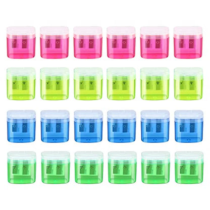 24 Pieces Pencil Sharpeners Manual Dual Holes Pencil Sharpener with Lid Portable Colorful Crayon Sharpener for Kids & Adults, School, Office, Home, Travel
