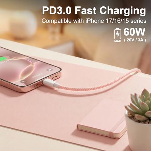 USB C to C Charger Cable, 60W, 3FT, 2-Pack, Pink | Fast Charging, Braided Nylon, for iPhone 17/16/15, MacBook iPad, Galaxy S25/S24 - color: Pink, size: 3FT+3FT