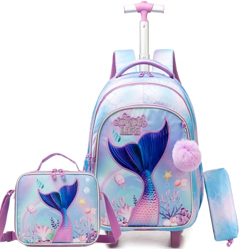 Mermaid Rolling Backpack for Kids 8-12 Girls Rolling Backpack Kids Trolley School Bag with Wheels Travel Backpacks Carry on Luggage for Girls with Lunch Box Pencil Case - color: Mermaid Purple