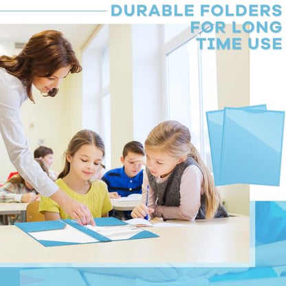 Henoyso 48 Pcs Plastic Folder with Clear Front Pocket and 3 Prongs Heavy Duty Plastic Folders with Card Slot Pocket Folders with Prongs for School Office Home(Light Blue) - color: Light Blue