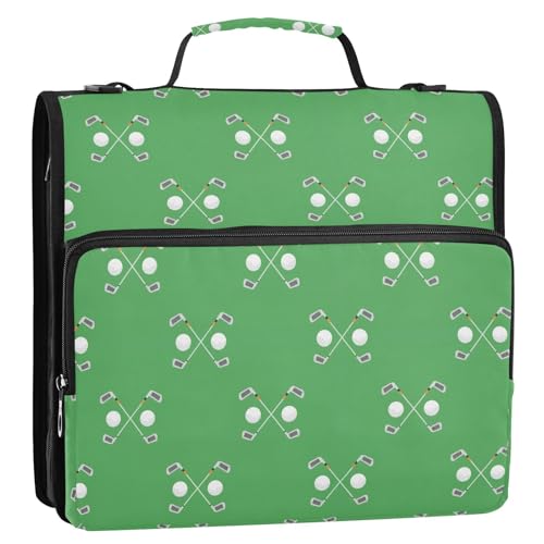 Zipper Binder Bag 3 Ring File Folder Portfolio Organizer Zippered Binder Bags with Strap Fits Laptop Women Men - color: Multi-green Golf Ball