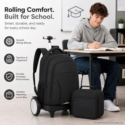 AGSDON Quiet Glide Rolling Backpack with Lunch Box Set - Large Wheel Water-Resistant Wheeled Bag for Business, Travel, and College | Black 3-in-1 Organizer Backpack - color: Reflective Black - Rolling Backpack