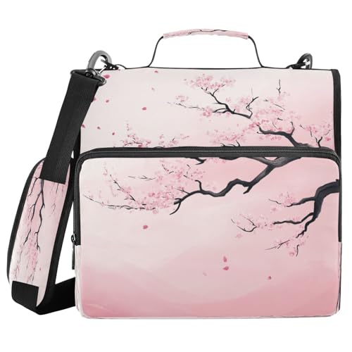 Pink Cherry Blossom Tree with Branches 3 D-Ring 2 inch Zipper Binder Bag with Shoulder Strap, Multi-Pocket Portfolio Organizer Case for 13 Inch Laptop Middle School