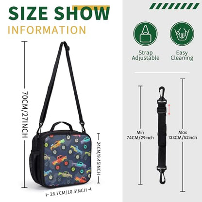 Monster Trucks Lunch Box for Boys Girls Toy Cars Pattern Lunch Bag with Shoulder Strap for Kids Teens Durable Large Capacity Insulated Lunchbox Thermal Meal Bag for School Picnic - color: A-Monster Trucks