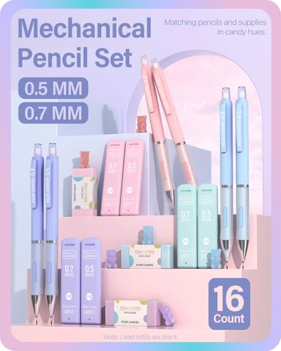 Four Candies Cute Pastel Mechanical Pencil Set, 0.5/0.7mm, 6 Pack | 360 Lead Refills, 3 Erasers, 9 Eraser Refills, Storage Case, Non-Slip Grip, Fine & Everyday Lines for Writing & Drawing - style: 0.5mm+0.7mm