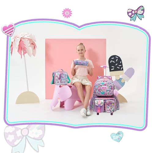 Meetbelify Kids Rolling Backpack with Wheels for Girls Rolling Backpacks with Lunch Box for Elementary School Students 3 in 1 Travel Luggage Suitcase for Girls Age 8-10 - color: Girl 01