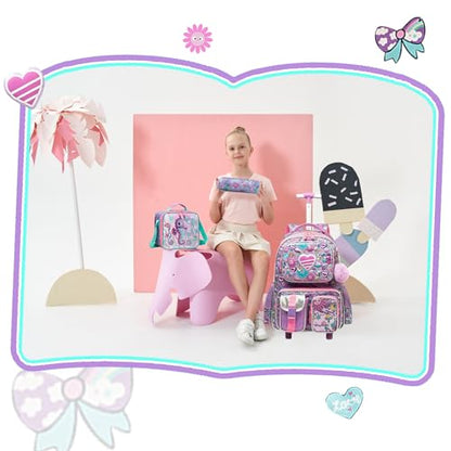 Meetbelify Kids Rolling Backpack with Wheels for Girls Rolling Backpacks with Lunch Box for Elementary School Students 3 in 1 Travel Luggage Suitcase for Girls Age 8-10 - color: Girl 01