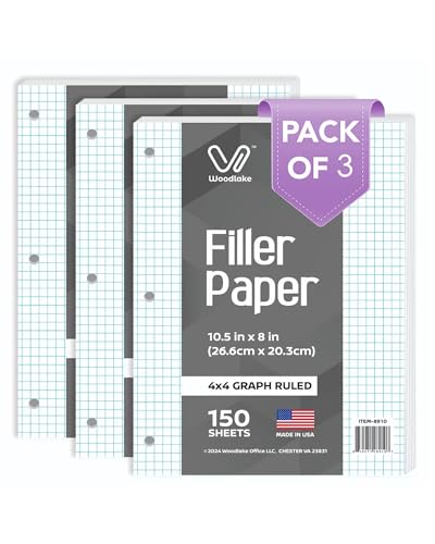 Woodlake Loose Leaf Graph Paper, 4x4 Quad Ruled Notebook Paper, 8 x 10.5” Graphing Paper, 150 Sheets per Pack, 3 Pack Filler Paper, 3 Hole Punched, Made in USA - color: Graph Ruled, size: 3 PACK(450 SHEETS)